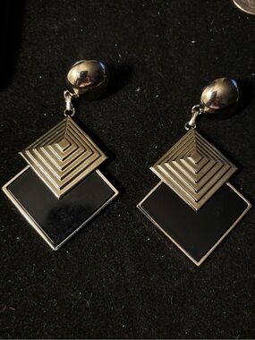 Retro Black Silver Geometric Large Post Earrings